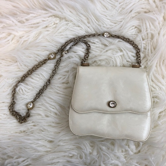 Handbags - Vintage white purse with gold chain gems mirror